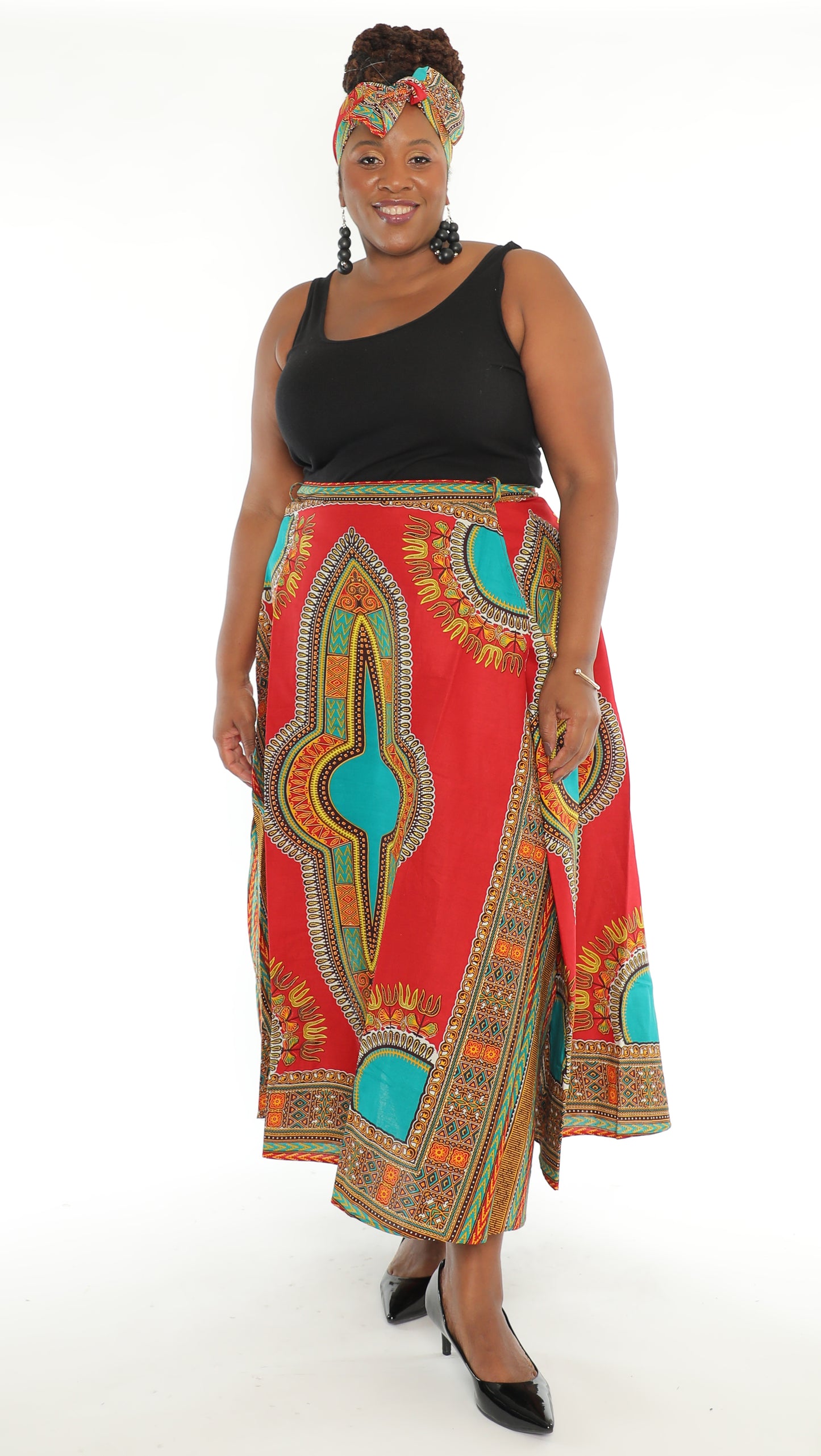 Dashiki Print Long Length Wrap Skirt With Matching Headwrap