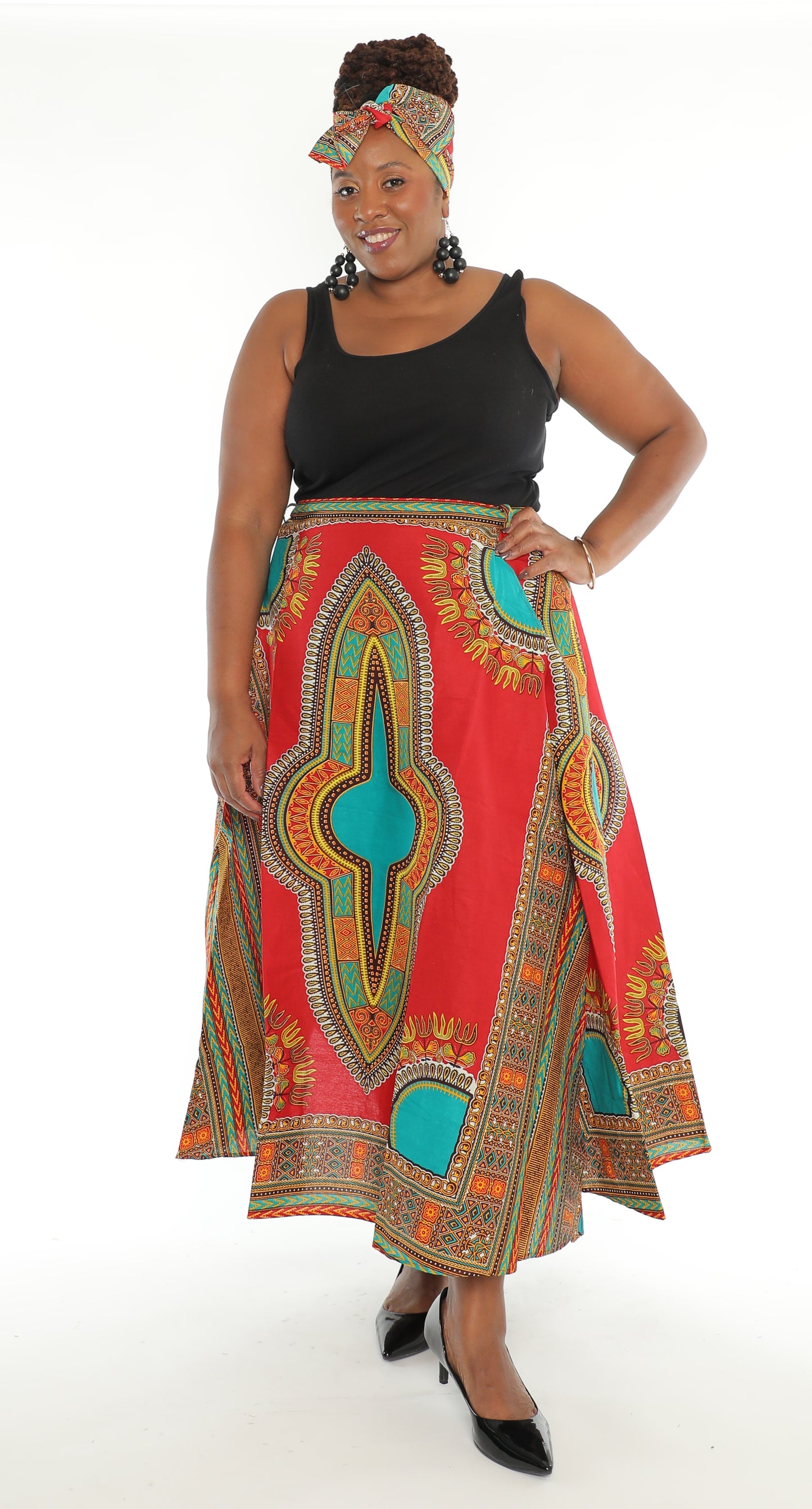 Dashiki Print Long Length Wrap Skirt With Matching Headwrap