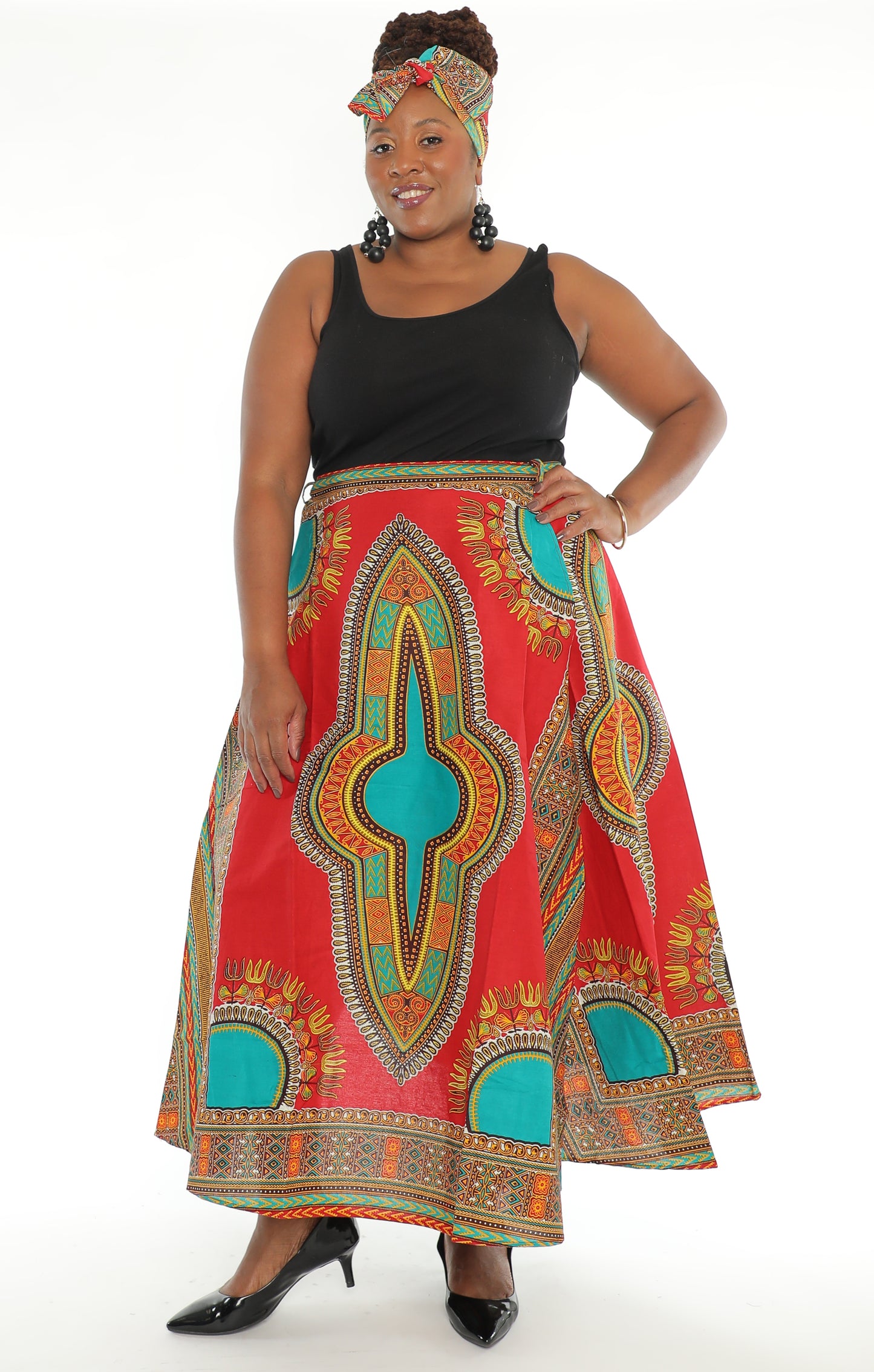 Dashiki Print Long Length Wrap Skirt With Matching Headwrap