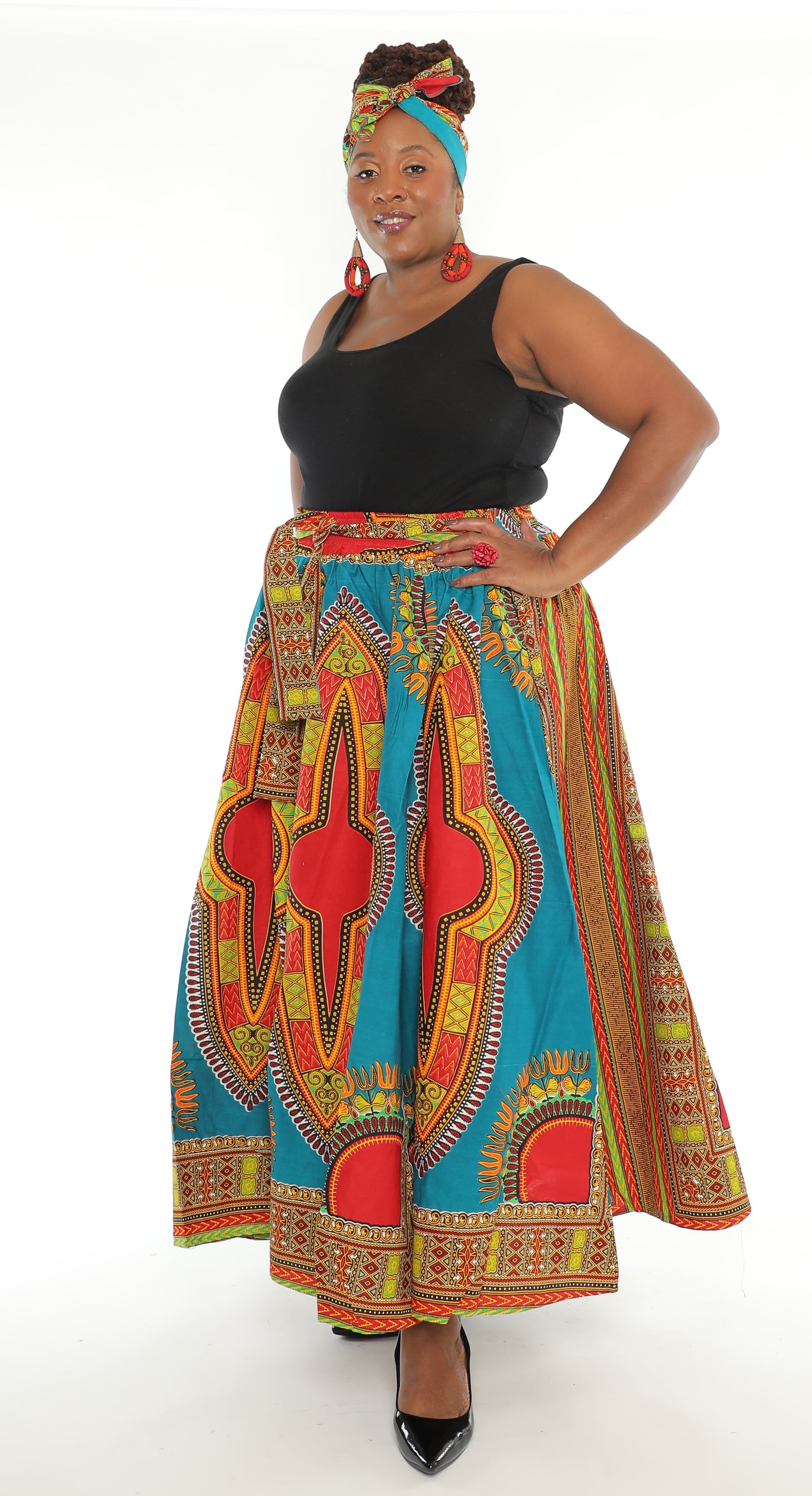 100% Authentic African Wax Cotton Sea-Green 8 Panel Dashiki Print Skirt