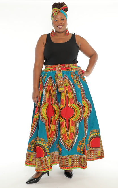 100% Authentic African Wax Cotton Sea-Green 8 Panel Dashiki Print Skirt