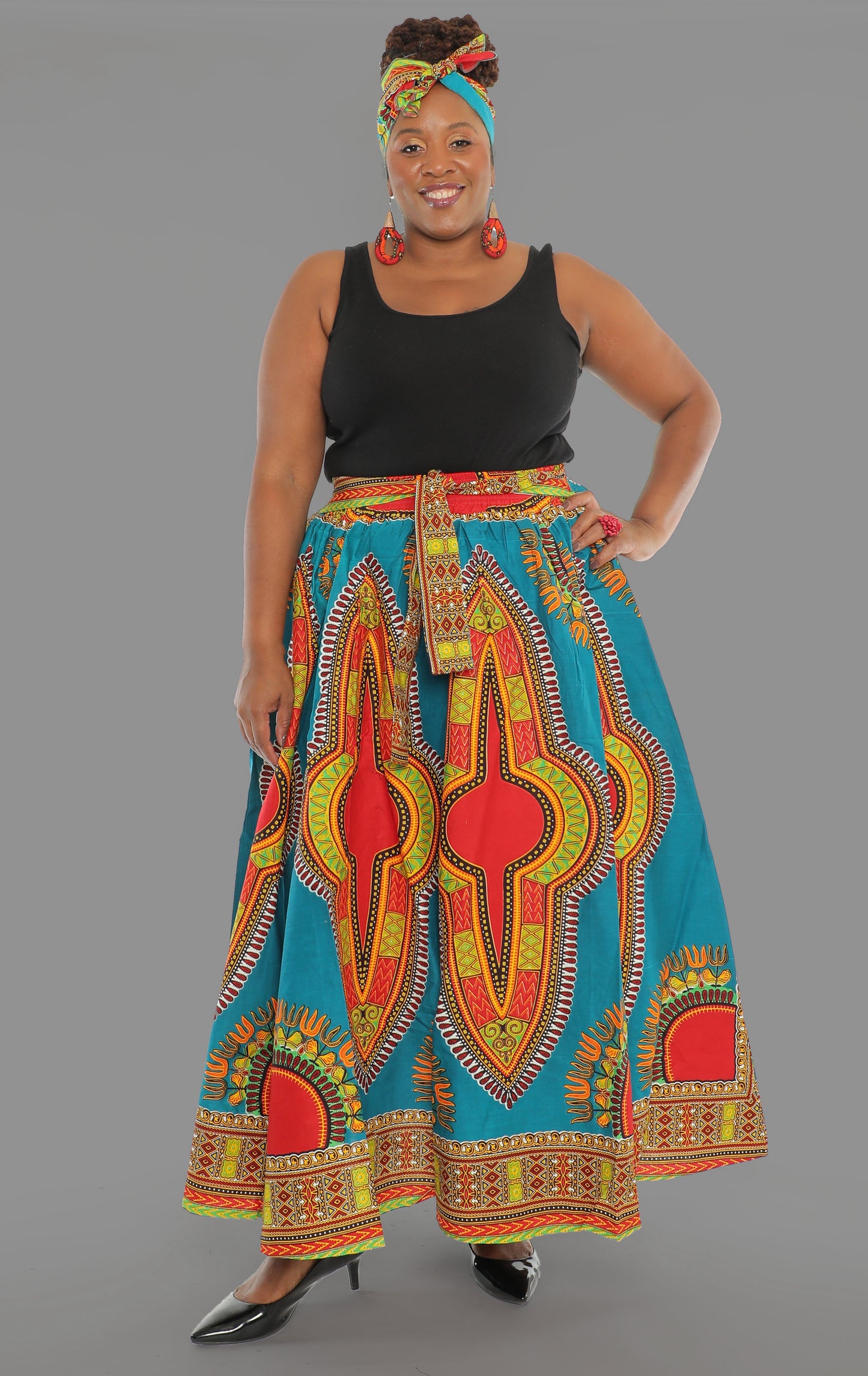 100% Authentic African Wax Cotton Sea-Green 8 Panel Dashiki Print Skirt