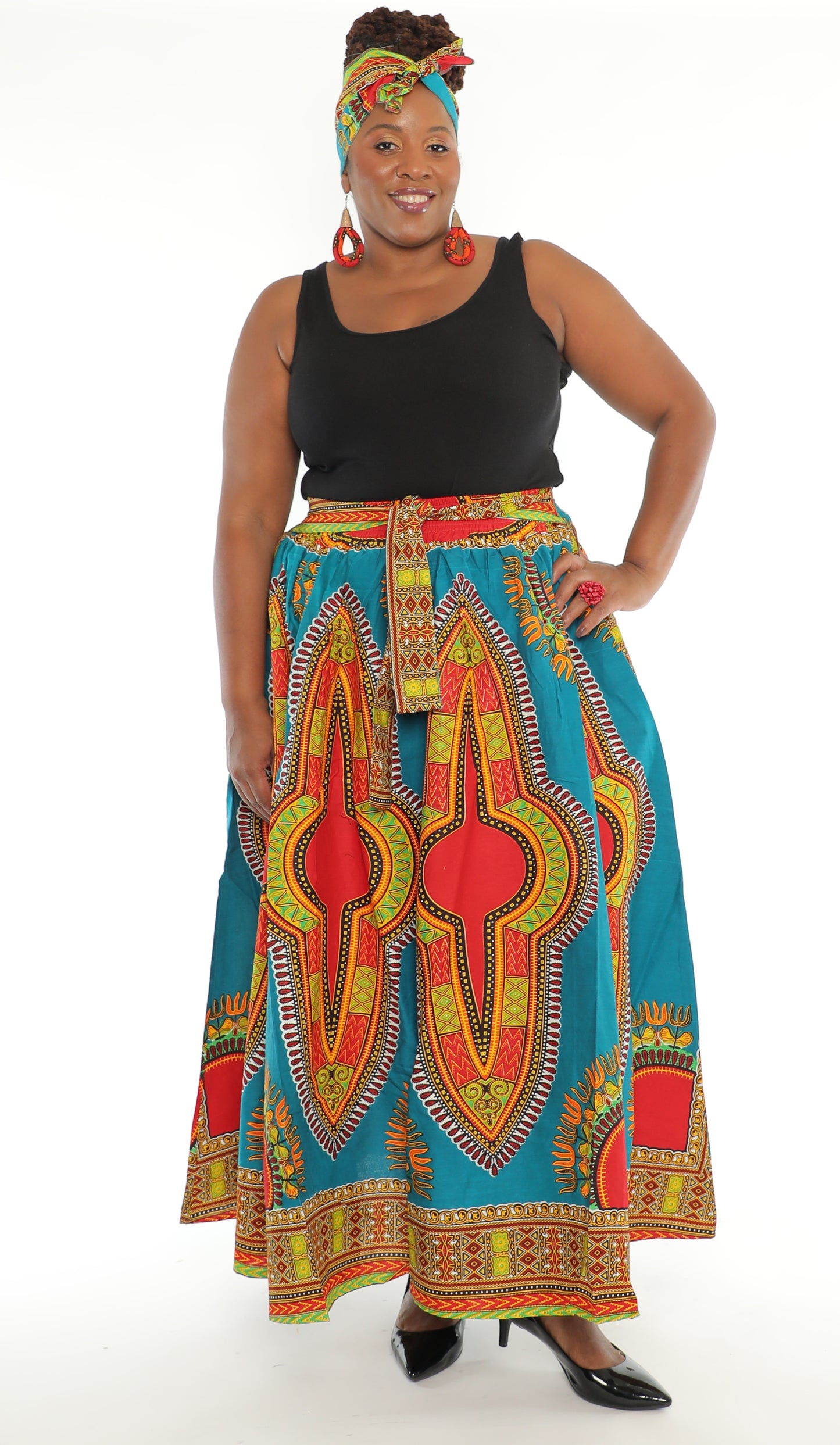 100% Authentic African Wax Cotton Sea-Green 8 Panel Dashiki Print Skirt