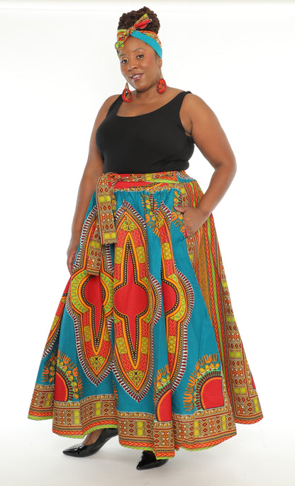 100% Authentic African Wax Cotton Sea-Green 8 Panel Dashiki Print Skirt