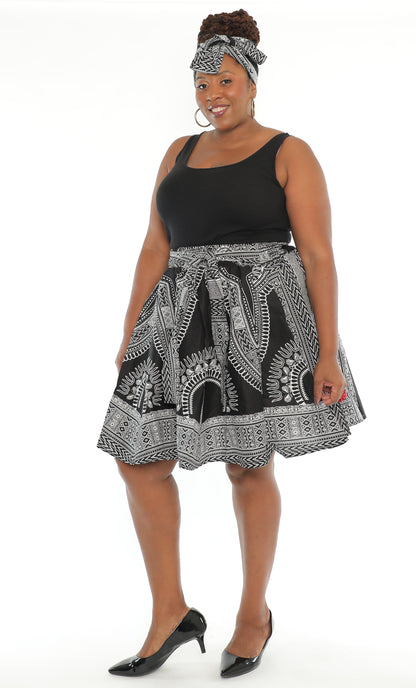 African Dashiki Print Knee Length Skirt With Matching Headwrap