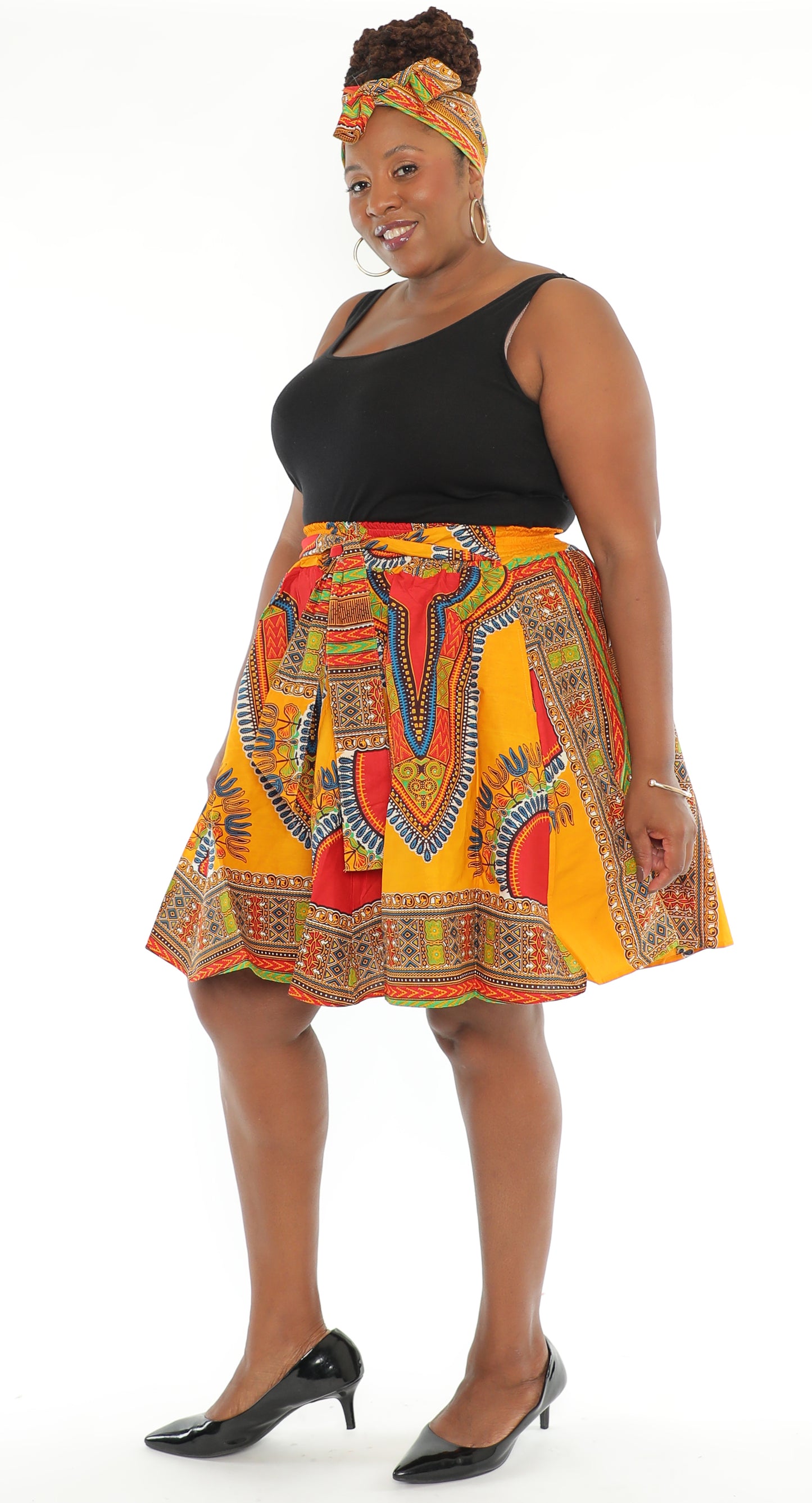 African Dashiki Print Knee Length Skirt With Matching Headwrap