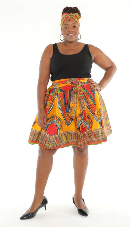 African Dashiki Print Knee Length Skirt With Matching Headwrap