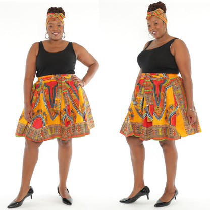 African Dashiki Print Knee Length Skirt With Matching Headwrap