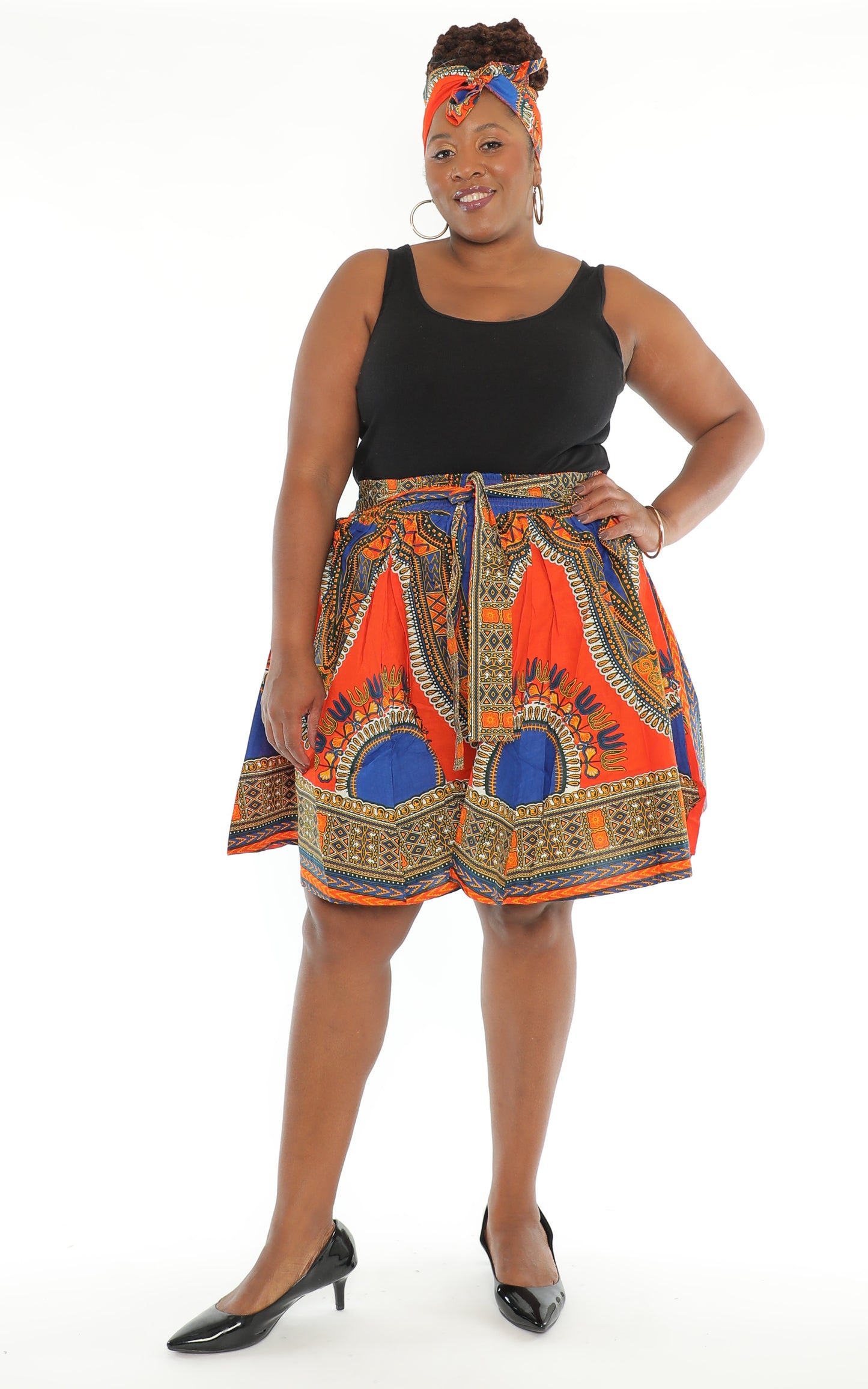 African Dashiki Print Knee Length Skirt With Matching Headwrap