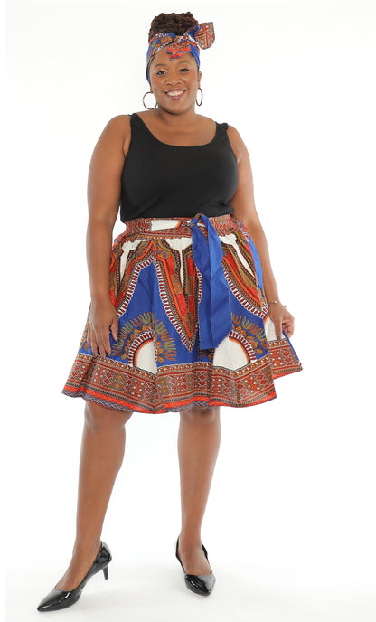 African Dashiki Print Knee Length Skirt With Matching Headwrap