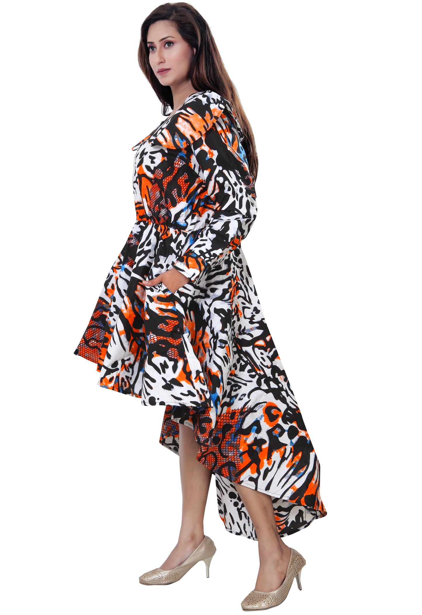 Women's African Print High-Low  Zipper Dress