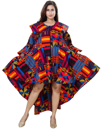 Women's African Print High-Low  Zipper Dress Colorful Print