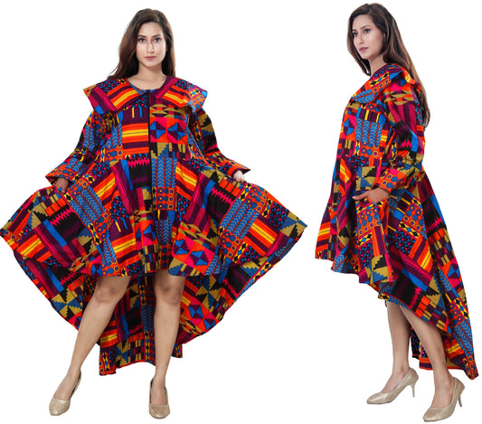 Women's African Print High-Low  Zipper Dress Colorful Print