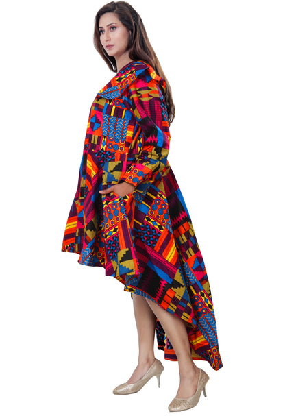 Women's African Print High-Low  Zipper Dress Colorful Print