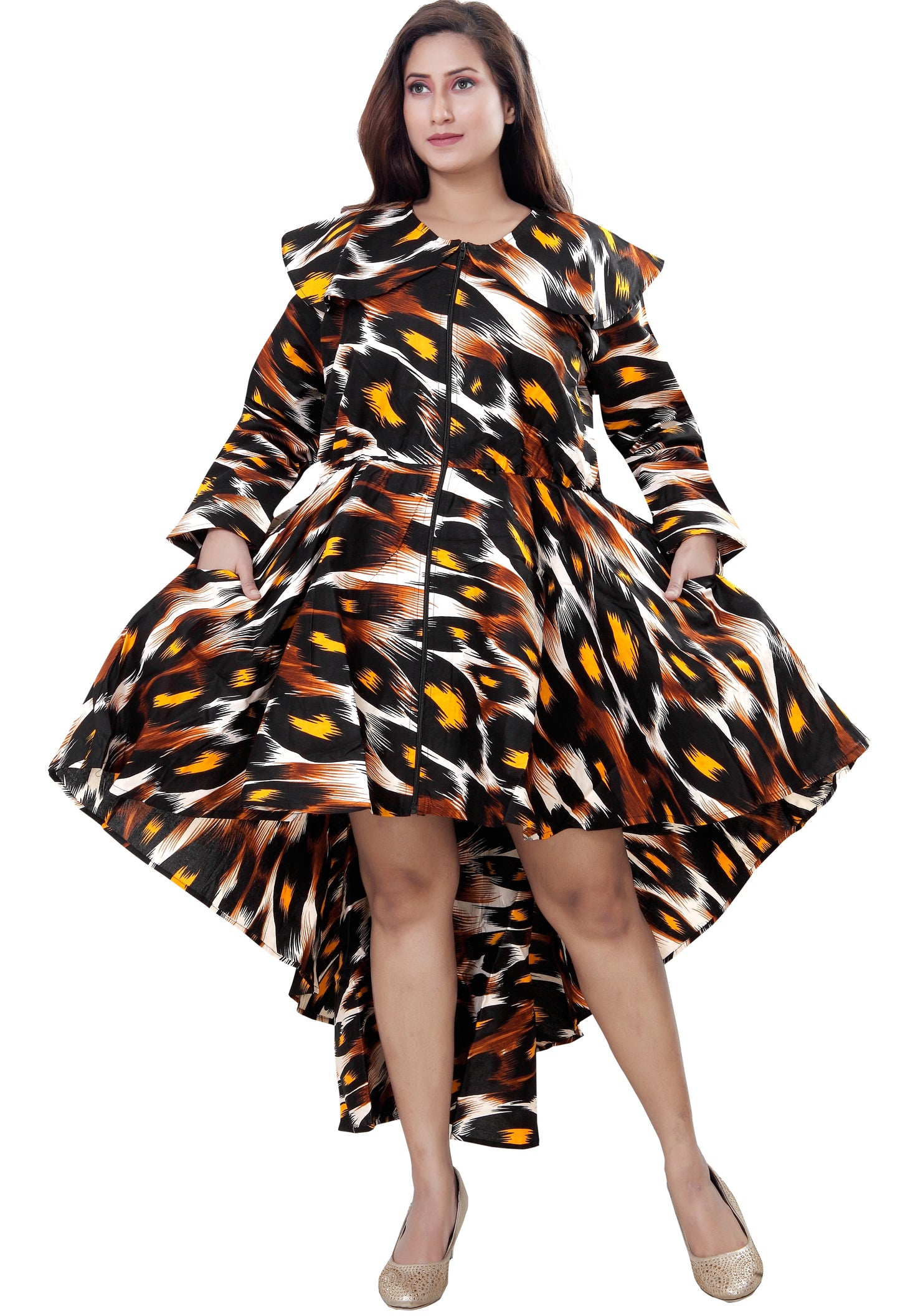 Women's African Print High-Low  Zipper Dress - One Size Fits Most