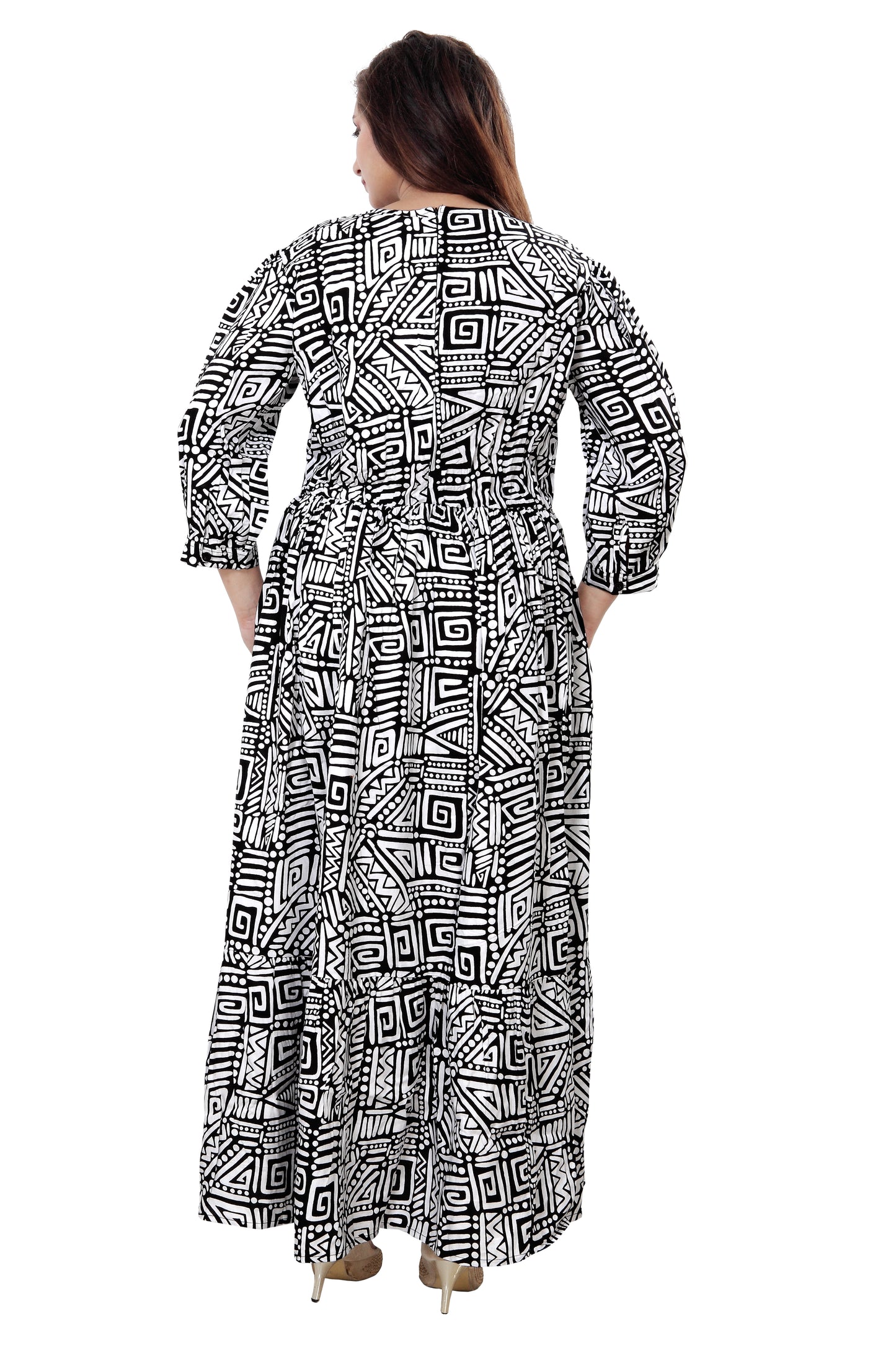 White & Black Women's African Print Full Flare V-Neck Dress - One Size Fits Most