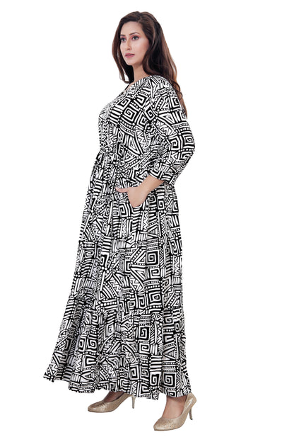 White & Black Women's African Print Full Flare V-Neck Dress - One Size Fits Most