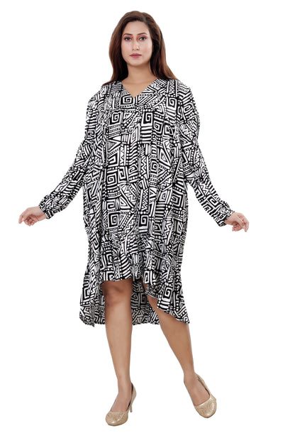 Women's African Print White & Black V-Neck Sleeve Dress