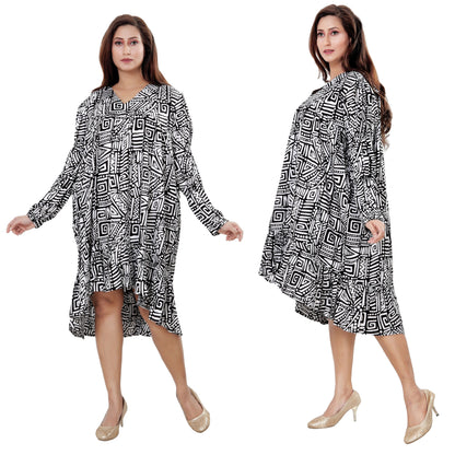 Women's African Print White & Black V-Neck Sleeve Dress