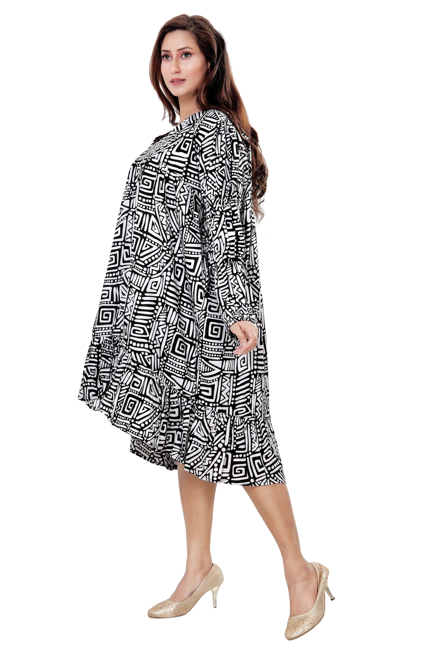 Women's African Print White & Black V-Neck Sleeve Dress