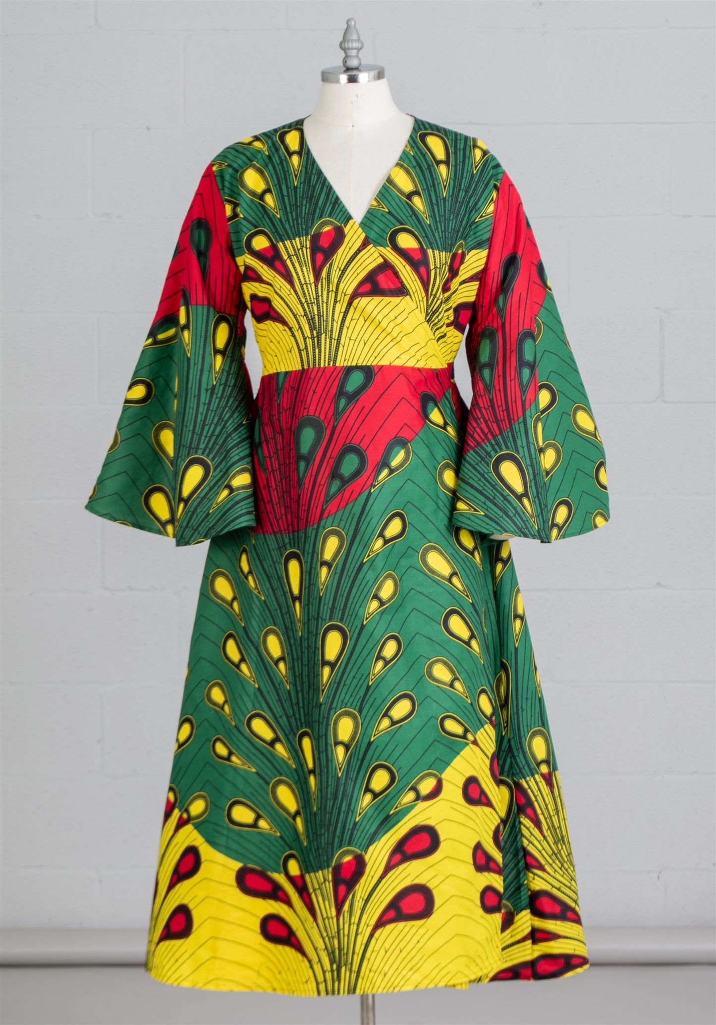 African Print Tiered V-Neck Maxi Wrap Dress (Green/Yellow/Red)