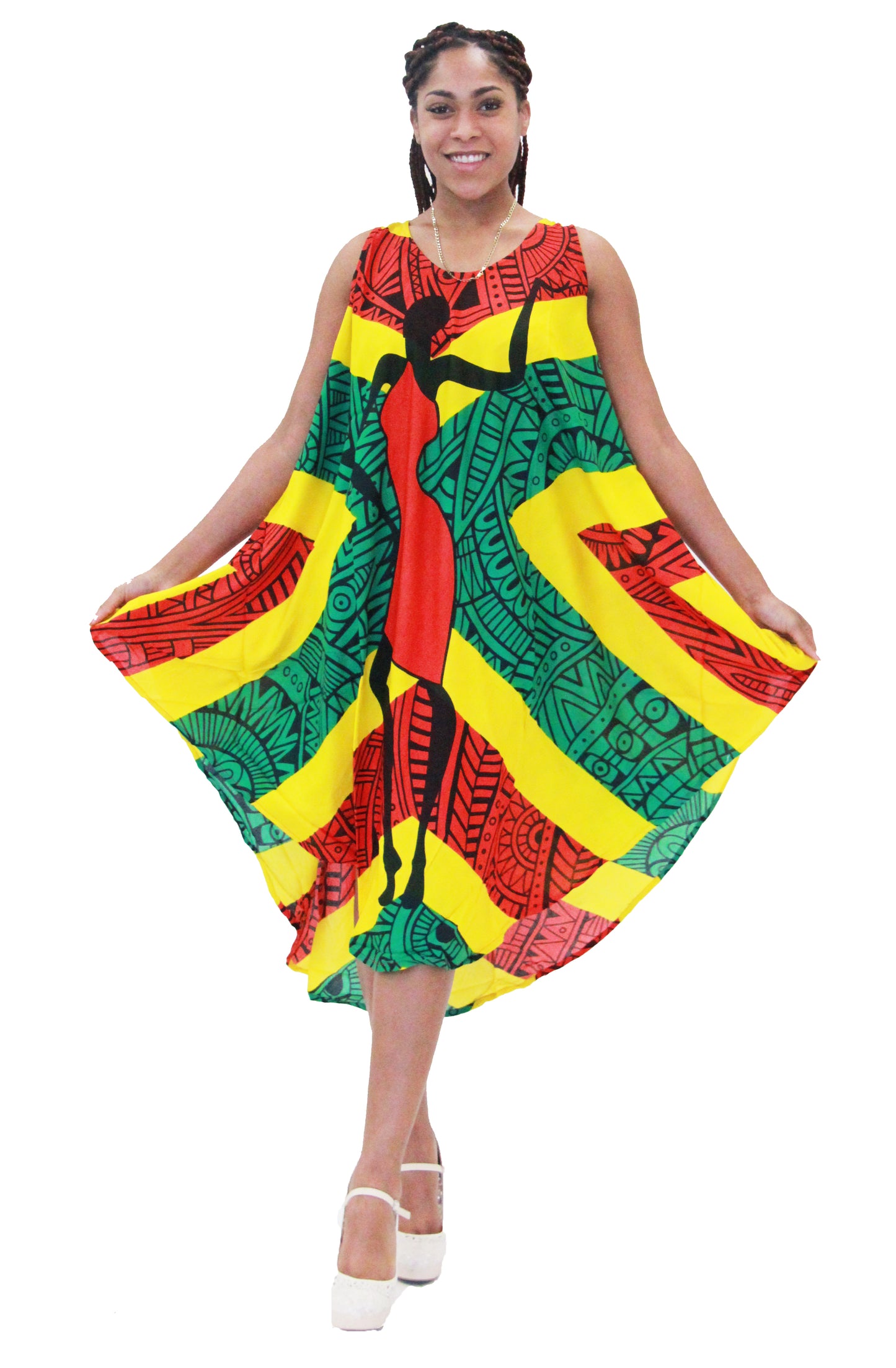 Women's Sleeveless Rasta Print Rayon Summer Dress Sundress