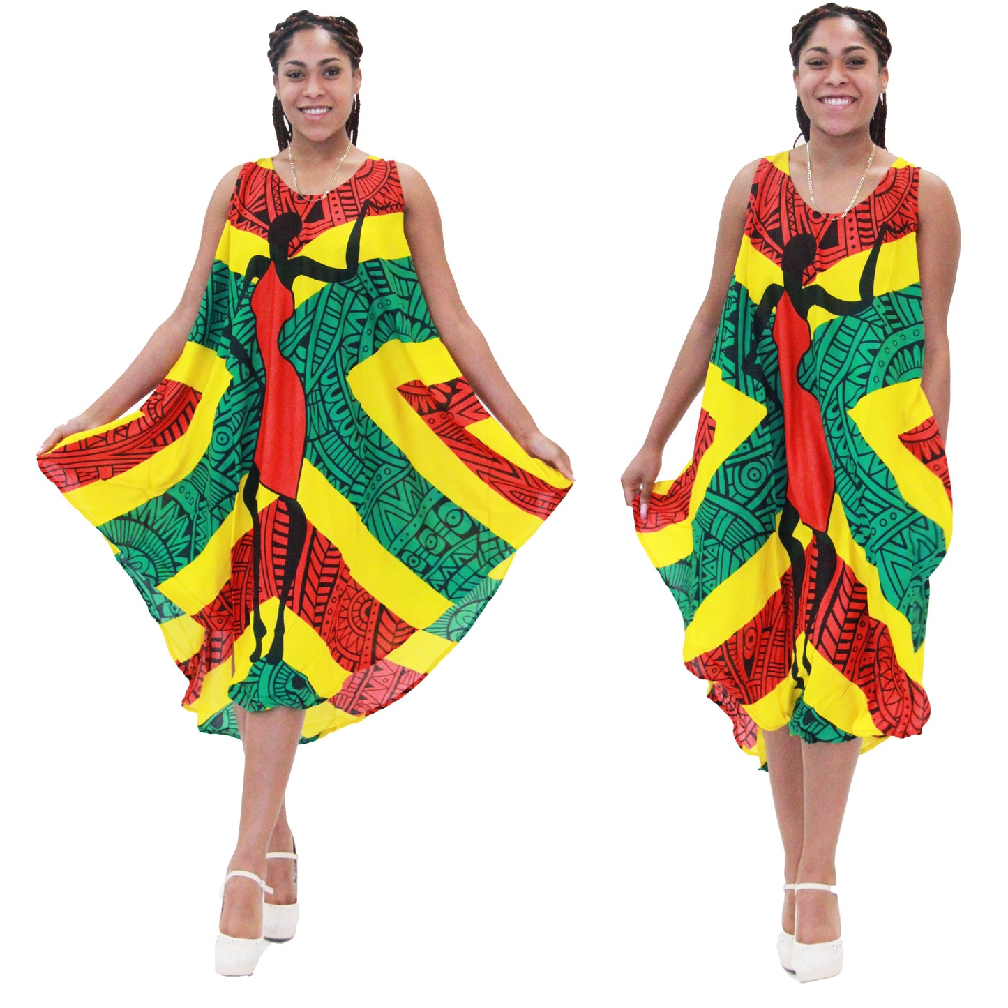 Women's Sleeveless Rasta Print Rayon Summer Dress Sundress