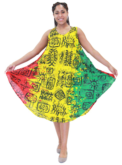 Women's Sleeveless Rasta Print Rayon Summer Dress Sundress