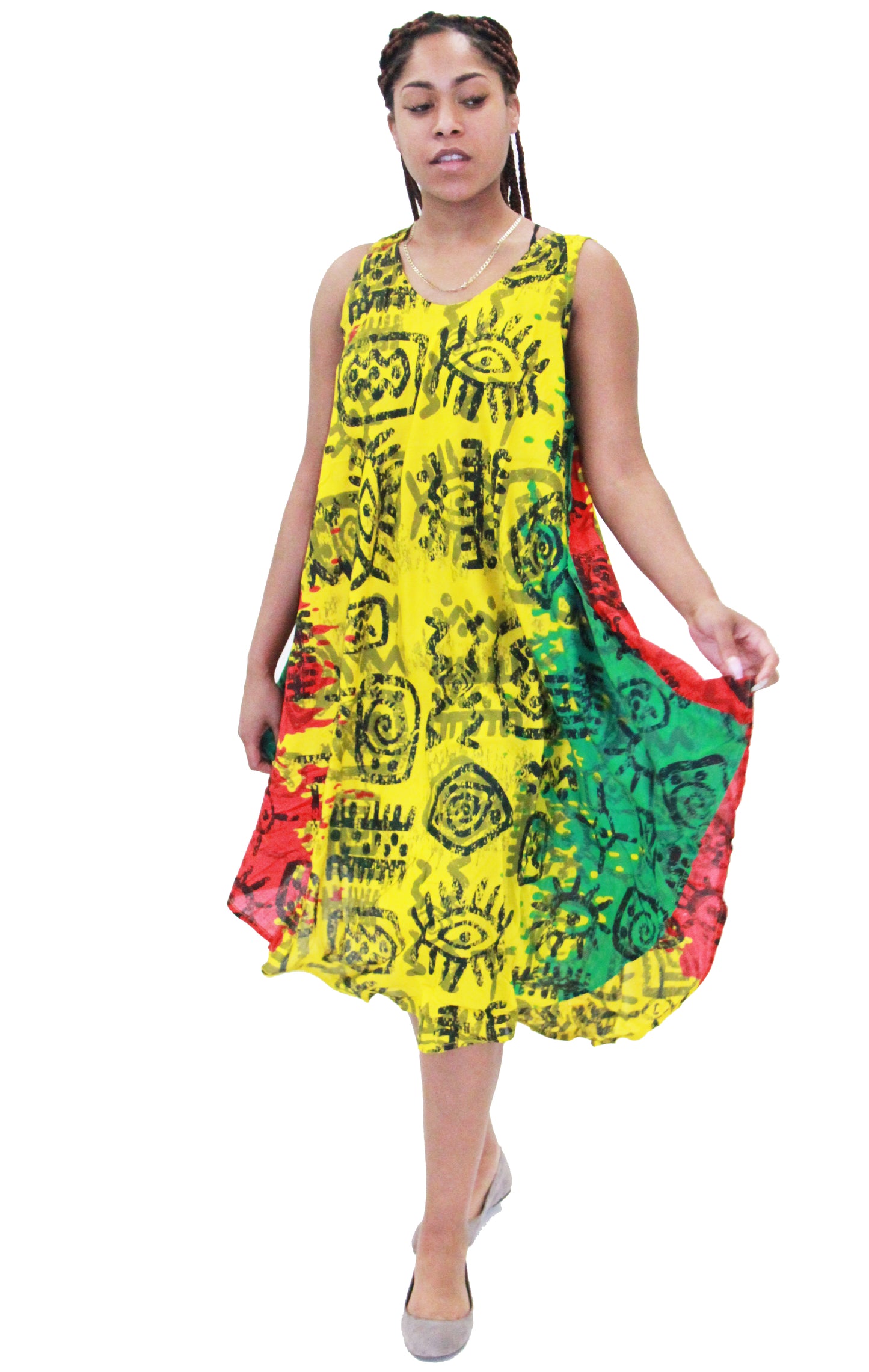 Women's Sleeveless Rasta Print Rayon Summer Dress Sundress