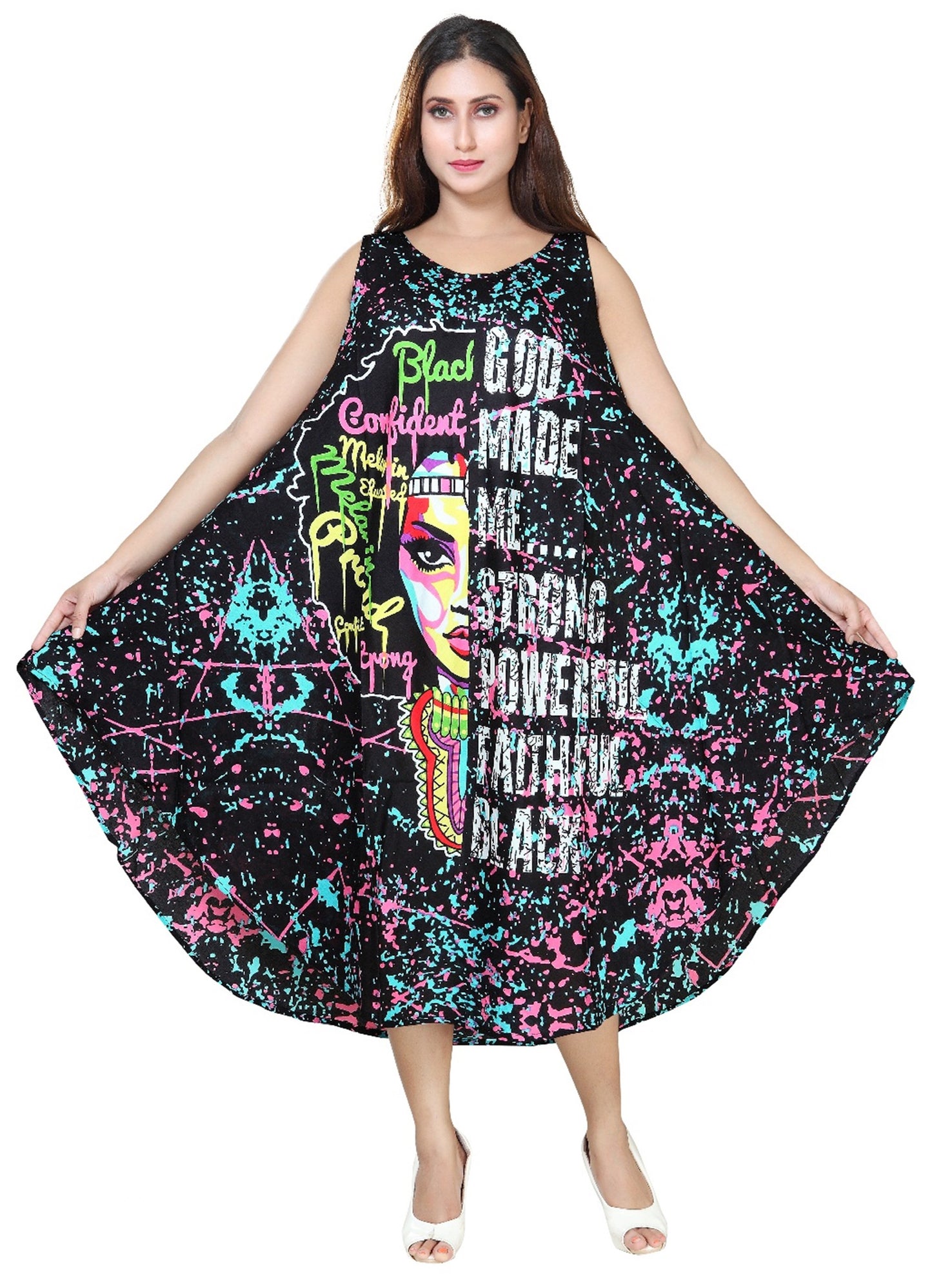 Women's Sleeveless African Verbiage Print Rayon Summer Dress Sundress