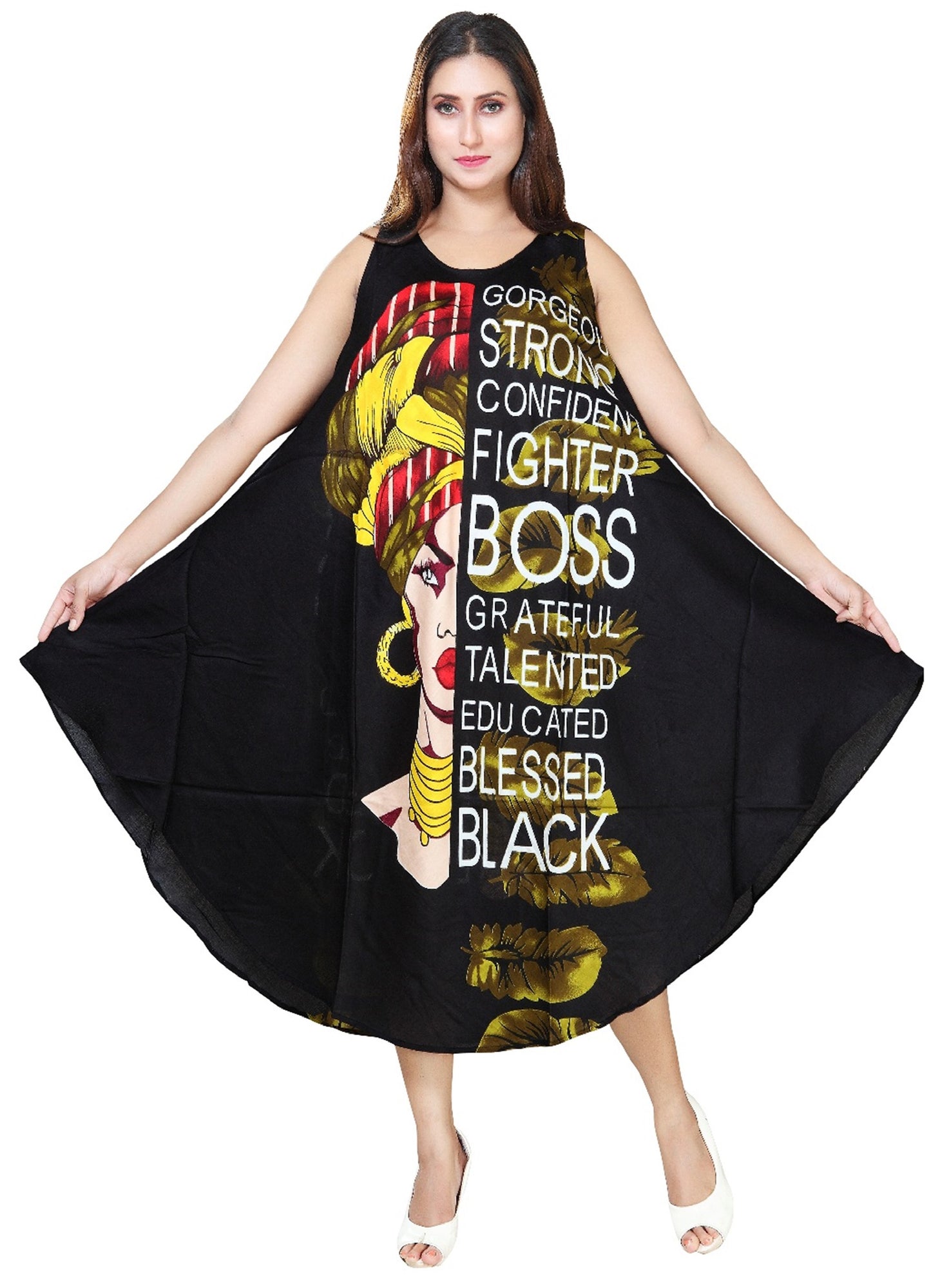 Women's Sleeveless African Verbiage Print Rayon Summer Dress Sundress